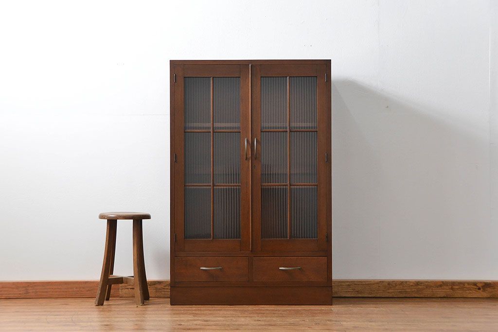 レトロ家具　昭和レトロ モールガラスの本箱(ブックケース、収納棚)