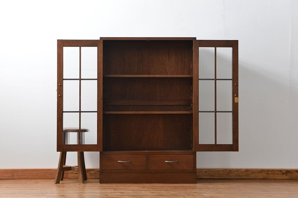 レトロ家具　昭和レトロ モールガラスの本箱(ブックケース、収納棚)