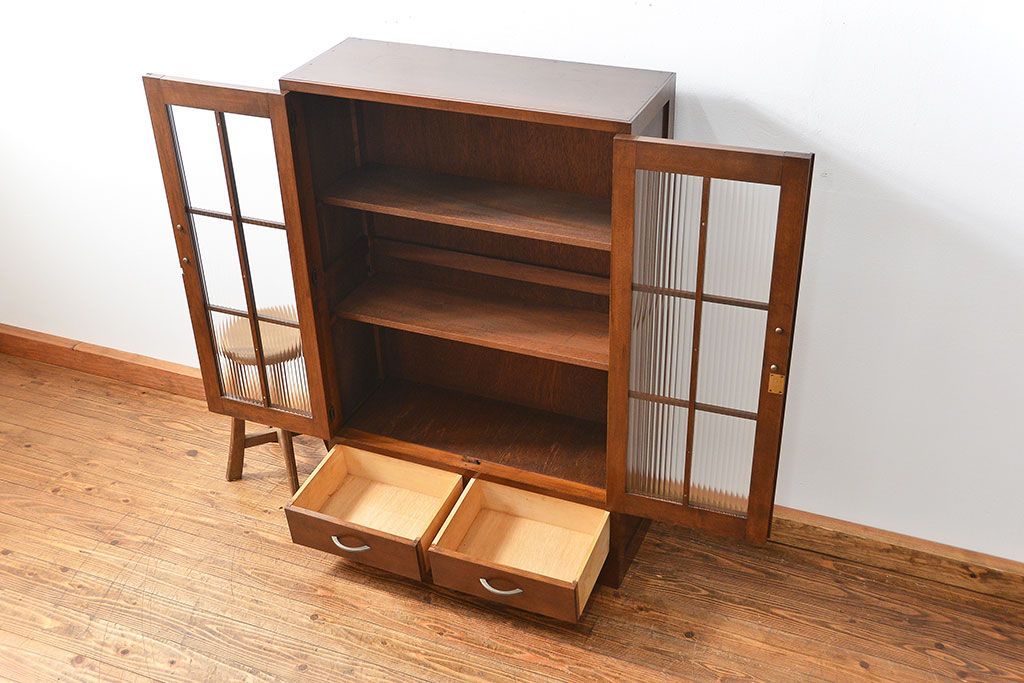 レトロ家具　昭和レトロ モールガラスの本箱(ブックケース、収納棚)