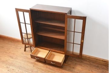 レトロ家具　昭和レトロ モールガラスの本箱(ブックケース、収納棚)