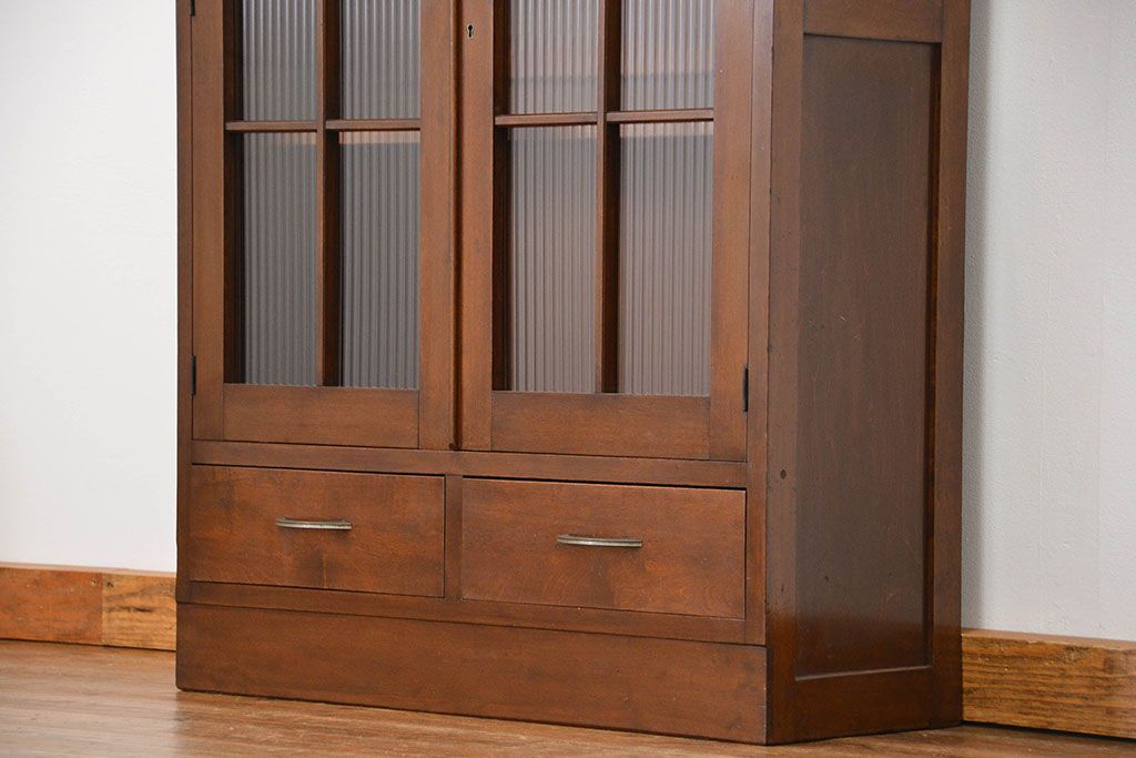 レトロ家具　昭和レトロ モールガラスの本箱(ブックケース、収納棚)