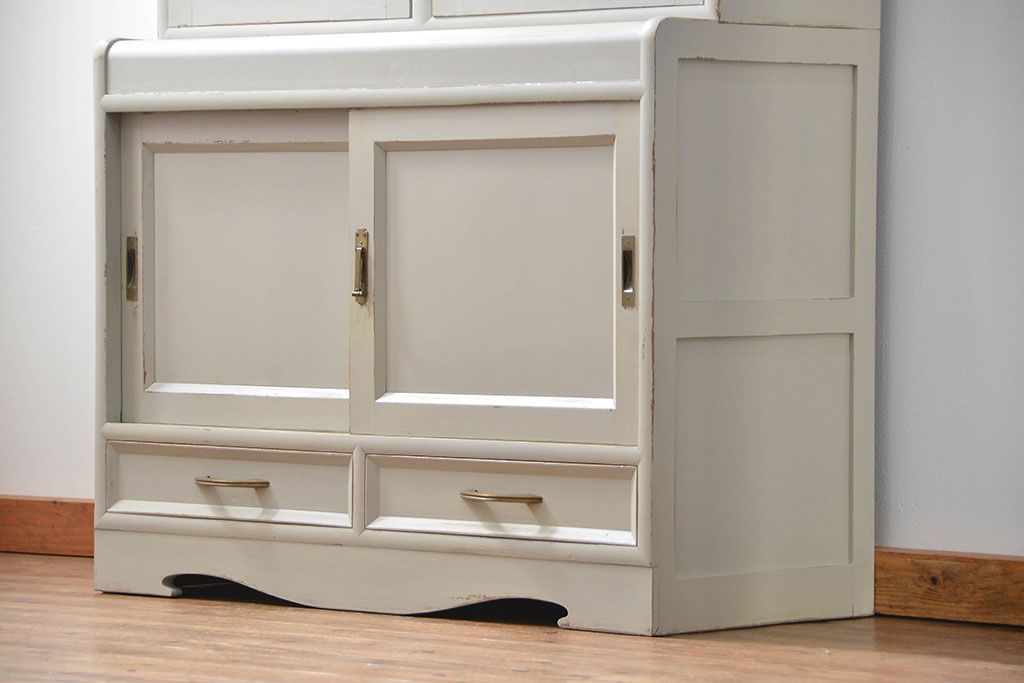 アンティーク家具　アンティークペイントの古い食器棚(カップボード、キッチンキャビネット、収納棚)