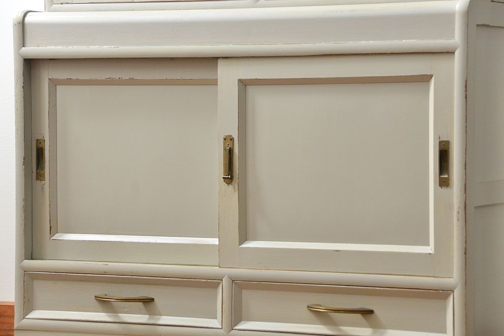 アンティーク家具　アンティークペイントの古い食器棚(カップボード、キッチンキャビネット、収納棚)