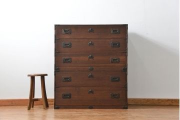 アンティーク家具　古民具・骨董 モダンな五丁引き出し二段重ね時代箪笥(たんす、タンス)