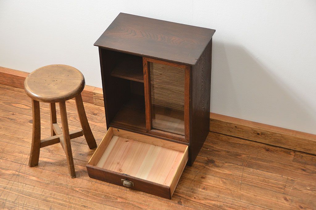 レトロ家具　昭和レトロ 小さな引き出し付き収納棚(本棚)