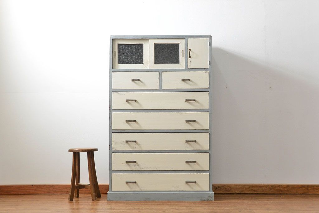 アンティーク家具　アンティークペイント かわいいダイヤガラスチェスト(たんす、タンス、ドロワー)