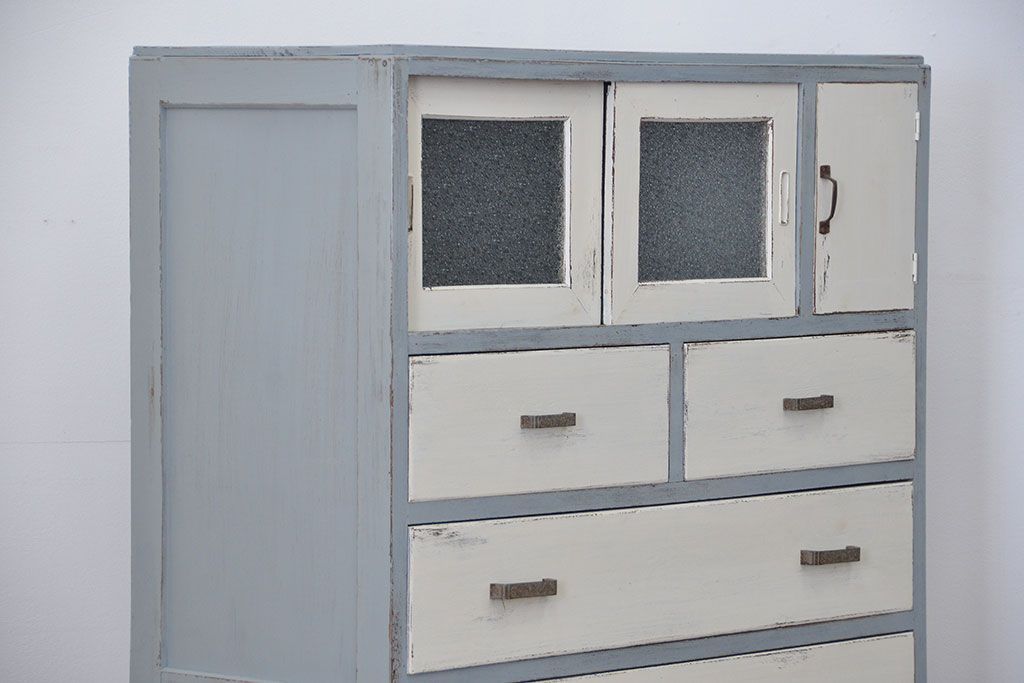 アンティーク家具　アンティークペイント かわいいダイヤガラスチェスト(たんす、タンス、ドロワー)