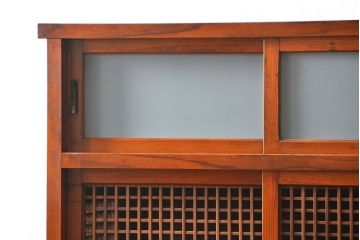アンティーク家具　古民具・骨董 格子引き戸二段重ね茶箪笥(水屋箪笥、収納棚)