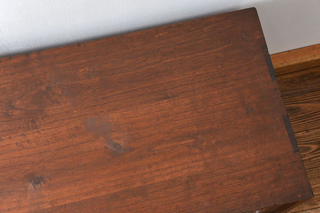 レトロ家具　昭和レトロ 古い木のアンティークダイヤガラス脚付きローボード(収納棚、TVボード)