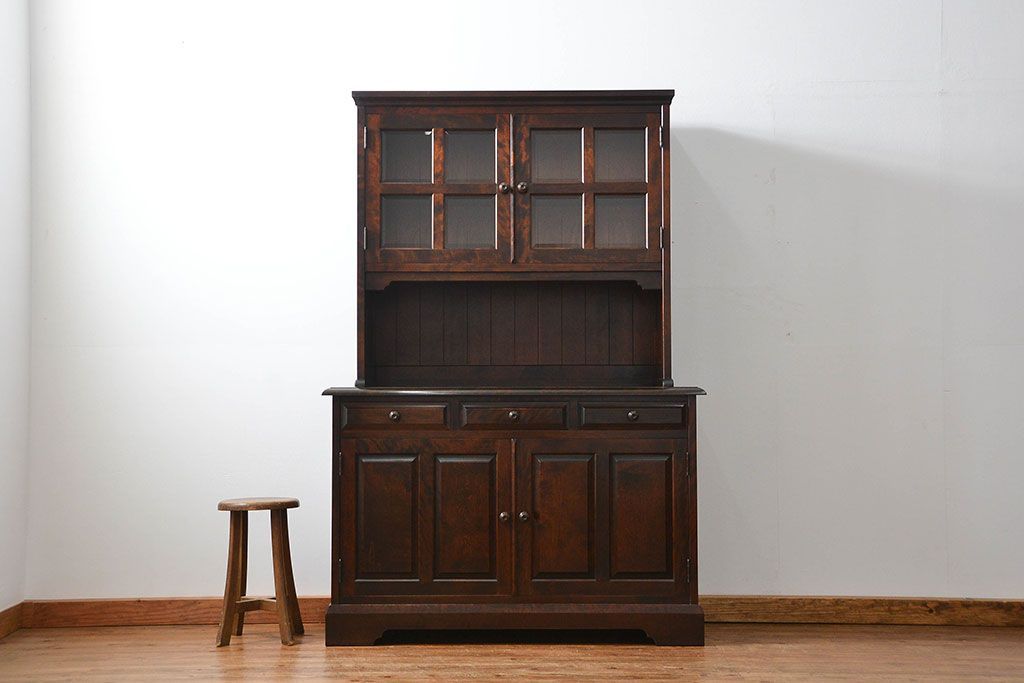 中古　北海道民芸家具　二段重ね食器棚(定価約35万円)(キッチンキャビネット、カップボード)