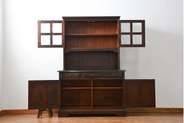 中古　北海道民芸家具　二段重ね食器棚(定価約35万円)(キッチンキャビネット、カップボード)