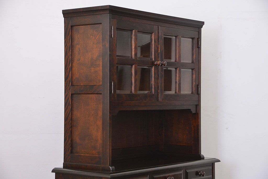 中古　北海道民芸家具　二段重ね食器棚(定価約35万円)(キッチンキャビネット、カップボード)