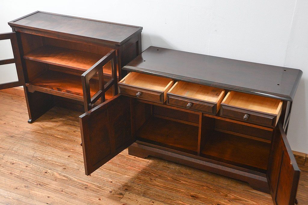 中古　北海道民芸家具　二段重ね食器棚(定価約35万円)(キッチンキャビネット、カップボード)