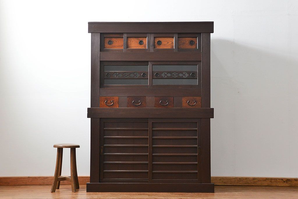 アンティーク家具　古民具・骨董 二段重ね四尺水屋箪笥(食器棚、収納棚)