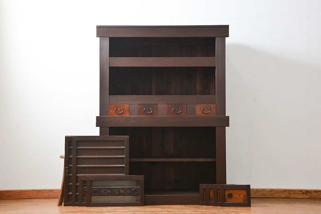 アンティーク家具　古民具・骨董 二段重ね四尺水屋箪笥(食器棚、収納棚)