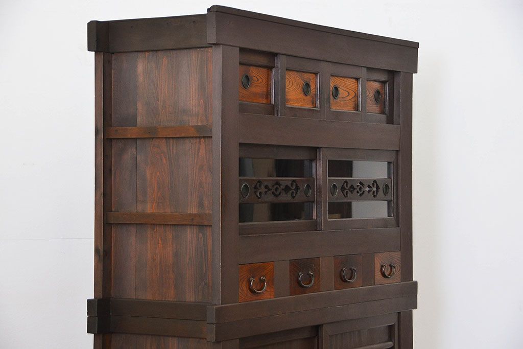 アンティーク家具　古民具・骨董 二段重ね四尺水屋箪笥(食器棚、収納棚)