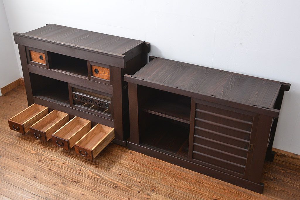 アンティーク家具　古民具・骨董 二段重ね四尺水屋箪笥(食器棚、収納棚)