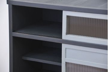 アンティーク家具　アンティークペイント　モールガラス入りの鉄脚収納棚(サイドボード、戸棚)