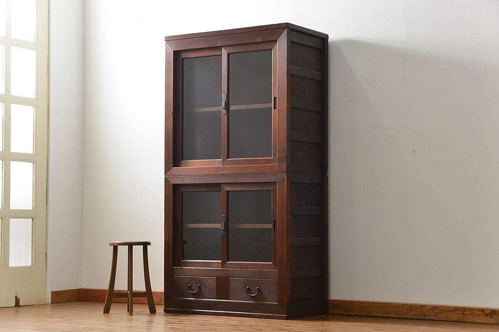 アンティーク家具　古民具・骨董 シンプルな三尺関西収納棚(水屋箪笥、ガラスケース、食器棚)