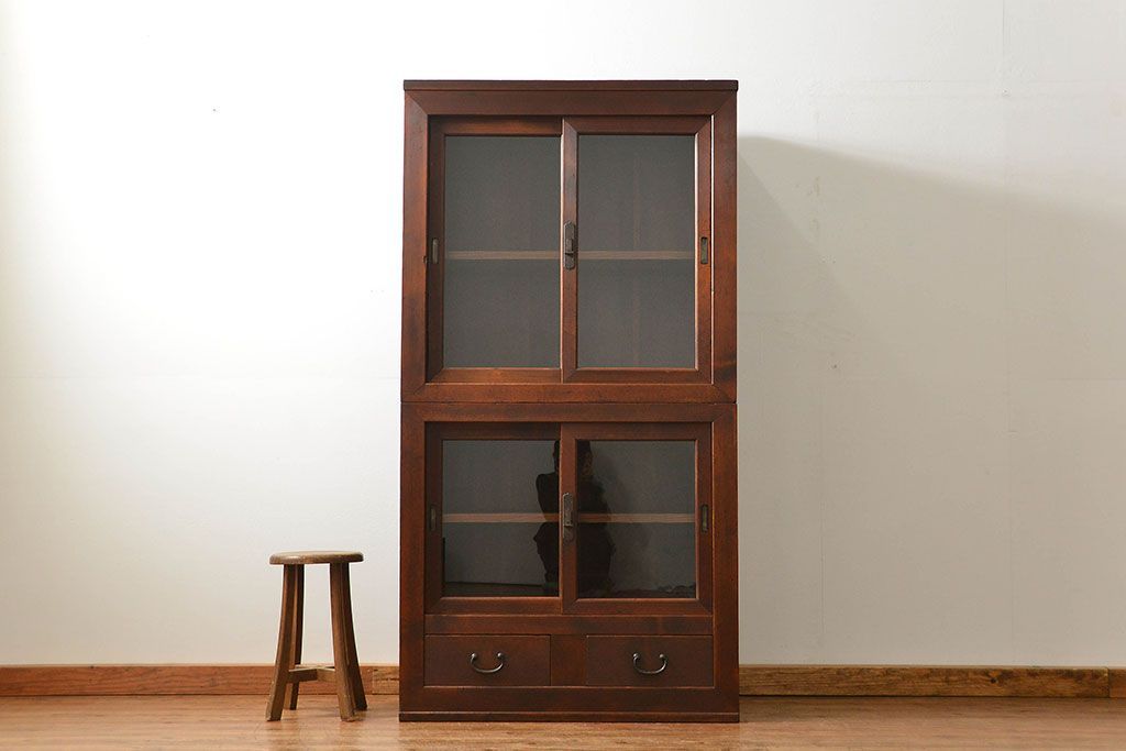 アンティーク家具　古民具・骨董 シンプルな三尺関西収納棚(水屋箪笥、ガラスケース、食器棚)