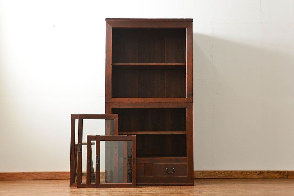 アンティーク家具　古民具・骨董 シンプルな三尺関西収納棚(水屋箪笥、ガラスケース、食器棚)