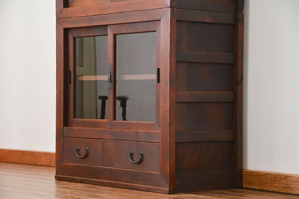 アンティーク家具　古民具・骨董 シンプルな三尺関西収納棚(水屋箪笥、ガラスケース、食器棚)