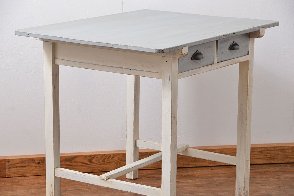 アンティーク家具　アンティークペイント かわいい2杯引き出し平机(1)(テーブル、デスク、在宅ワーク、在宅用)