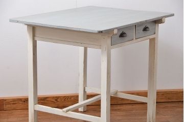 アンティーク家具　アンティークペイント かわいい2杯引き出し平机(1)(テーブル、デスク、在宅ワーク、在宅用)