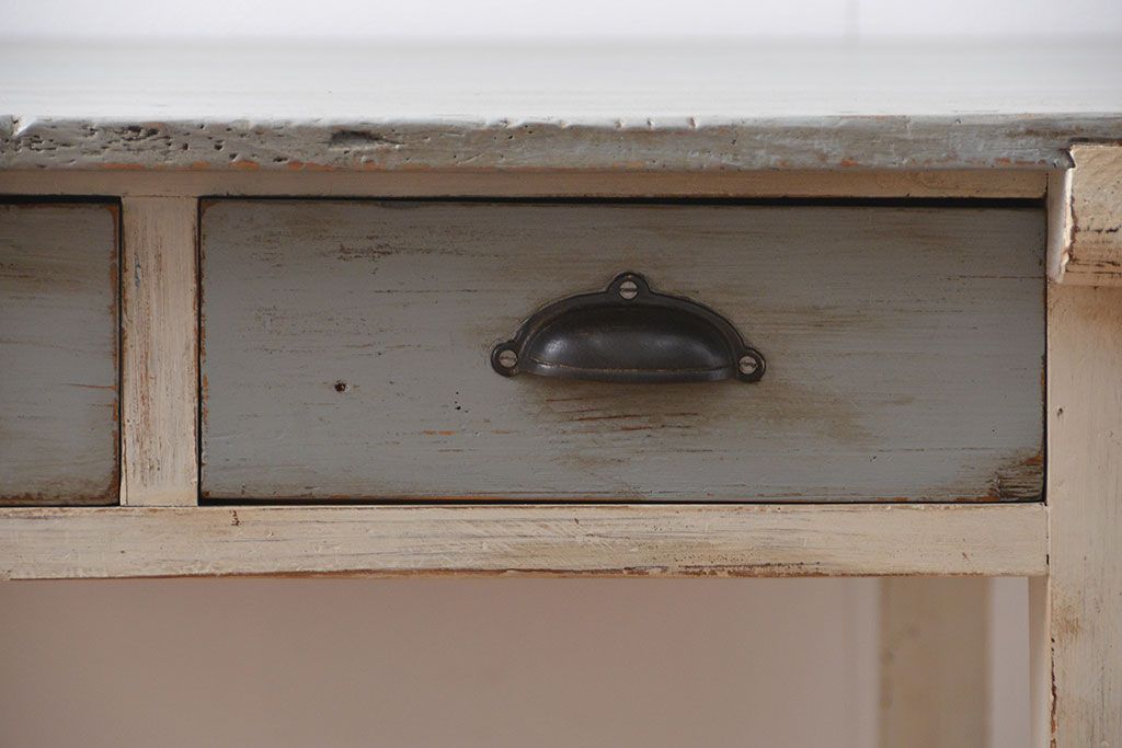 アンティーク家具　アンティークペイント かわいい2杯引き出し平机(1)(テーブル、デスク、在宅ワーク、在宅用)