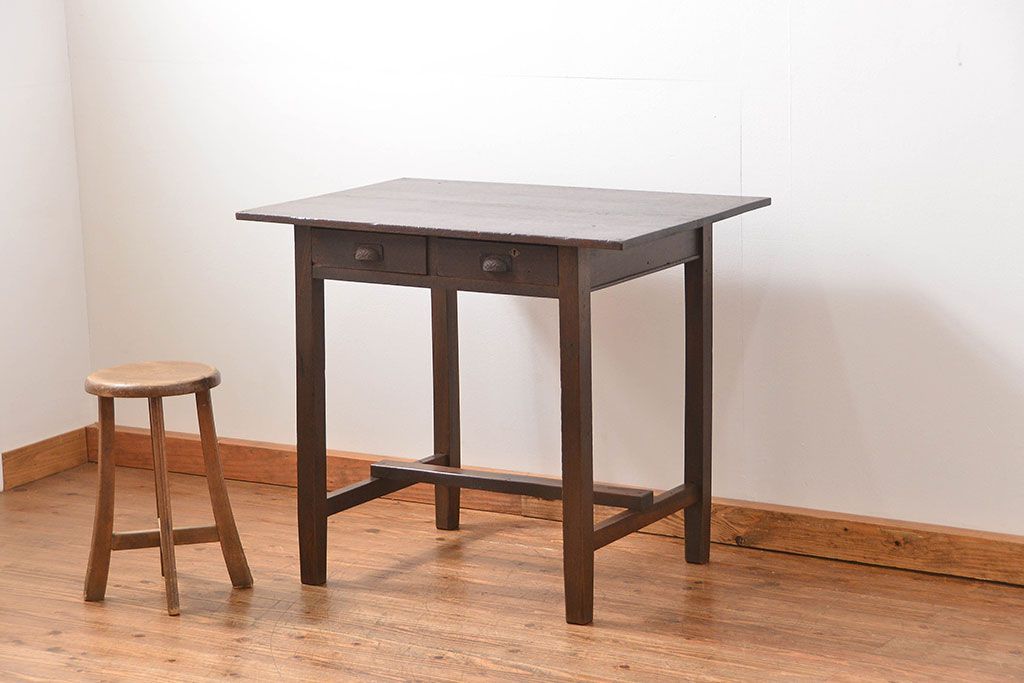 レトロ家具　昭和レトロ 古い木のシンプルな平机(テーブル、デスク、在宅ワーク、在宅用)　