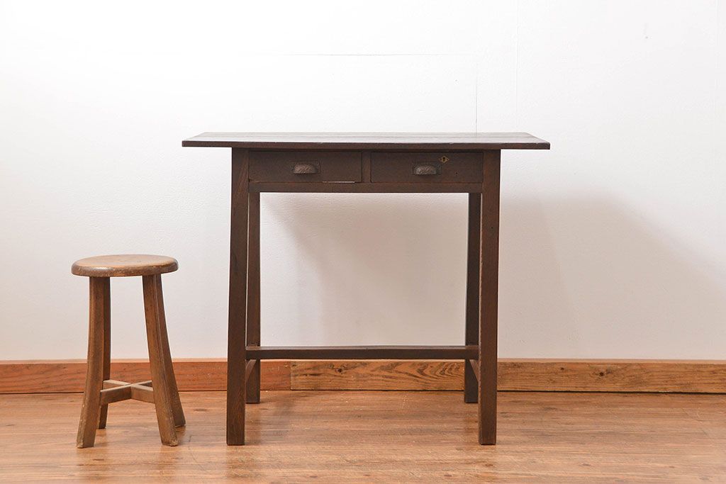レトロ家具　昭和レトロ 古い木のシンプルな平机(テーブル、デスク、在宅ワーク、在宅用)　