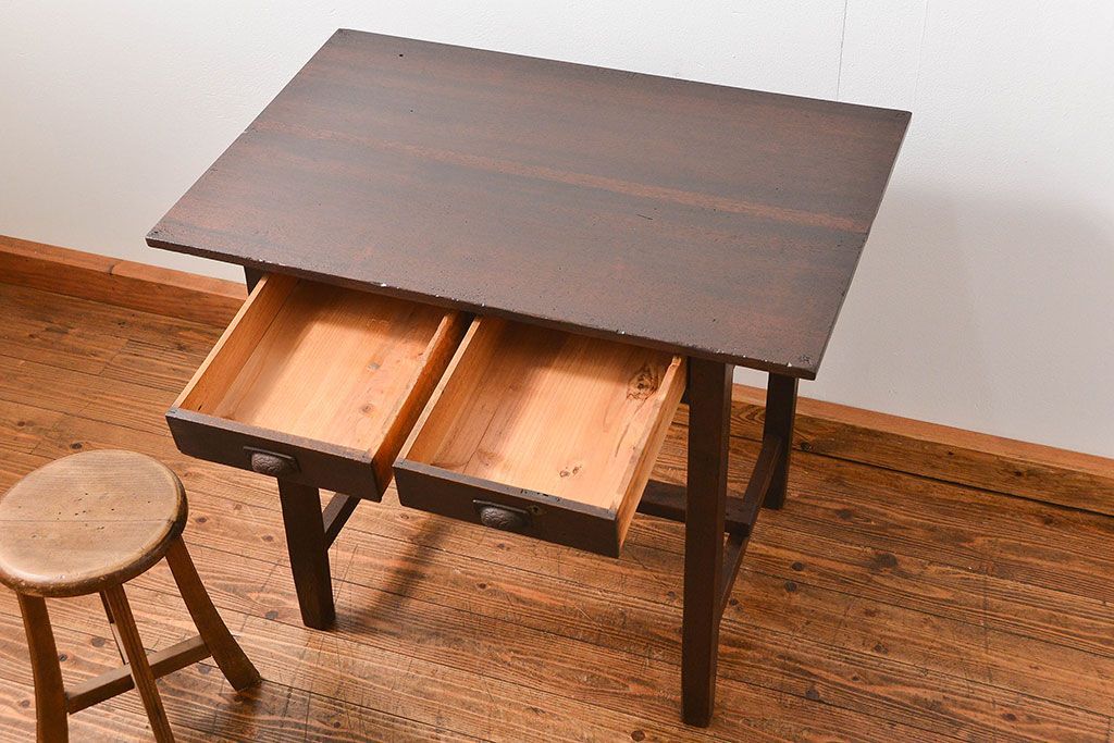 レトロ家具　昭和レトロ 古い木のシンプルな平机(テーブル、デスク、在宅ワーク、在宅用)　