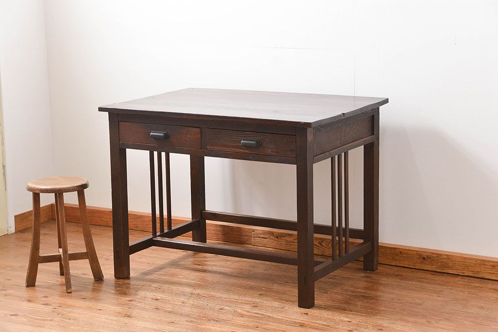 アンティーク家具　アンティーク 古い木の使い込まれた平机(テーブル、デスク、在宅ワーク、在宅用)　