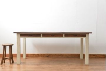 アンティーク家具　アンティークペイント 天板古材の両面引き出しダイニングテーブル(机、作業台)
