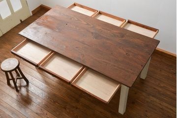 アンティーク家具　アンティークペイント 天板古材の両面引き出しダイニングテーブル(机、作業台)