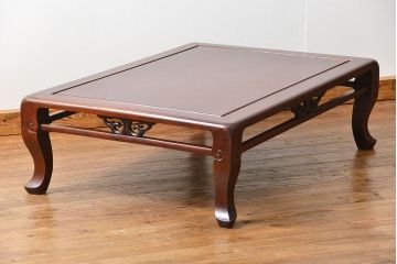 アンティーク家具　古民具・骨董 漆塗りの彫刻入り総欅座卓(机、テーブル)　