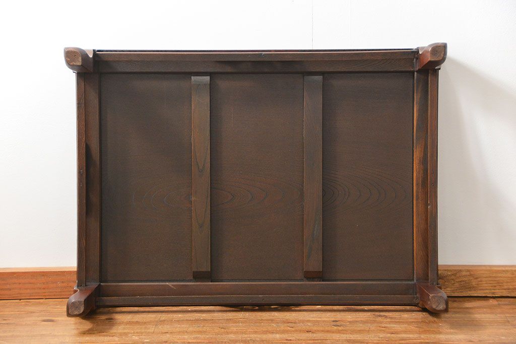 アンティーク家具　古民具・骨董 漆塗りの彫刻入り総欅座卓(机、テーブル)　