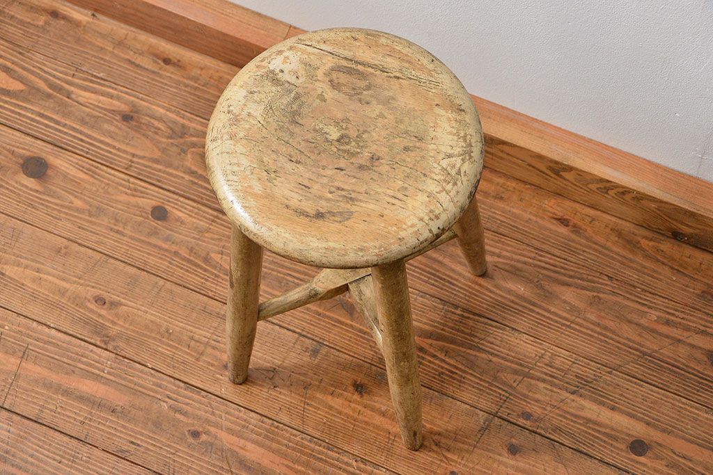 アンティーク家具　アンティーク 使い込まれたペイントスツール(2)(丸椅子、イス)