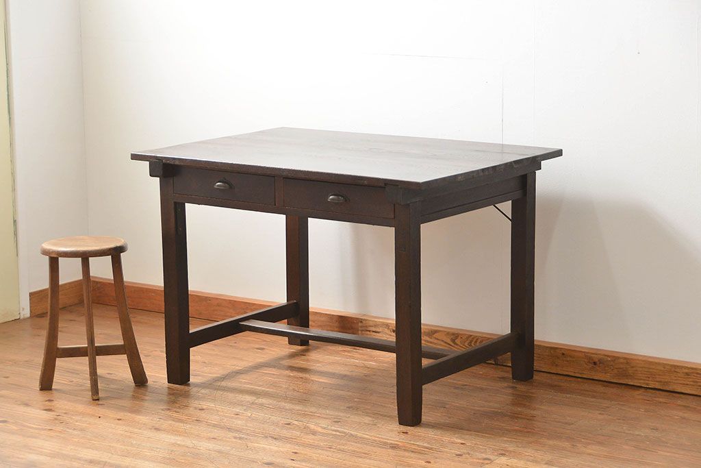 アンティーク家具　アンティーク 古いタモ材の引き出し付き平机(テーブル、デスク、在宅ワーク、在宅用)