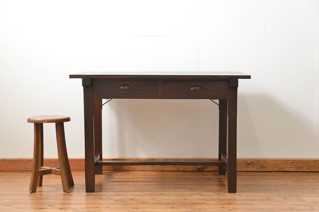 アンティーク家具　アンティーク 古いタモ材の引き出し付き平机(テーブル、デスク、在宅ワーク、在宅用)