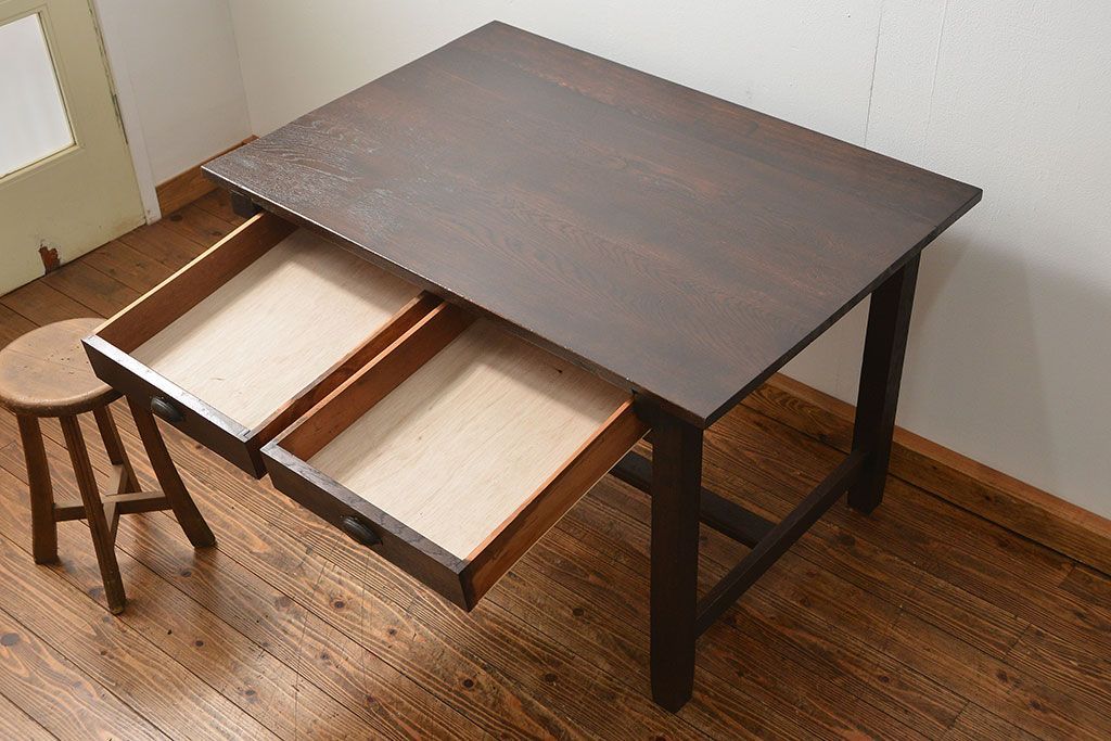 アンティーク家具　アンティーク 古いタモ材の引き出し付き平机(テーブル、デスク、在宅ワーク、在宅用)