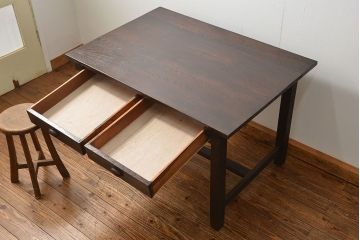 アンティーク家具　アンティーク 古いタモ材の引き出し付き平机(テーブル、デスク、在宅ワーク、在宅用)