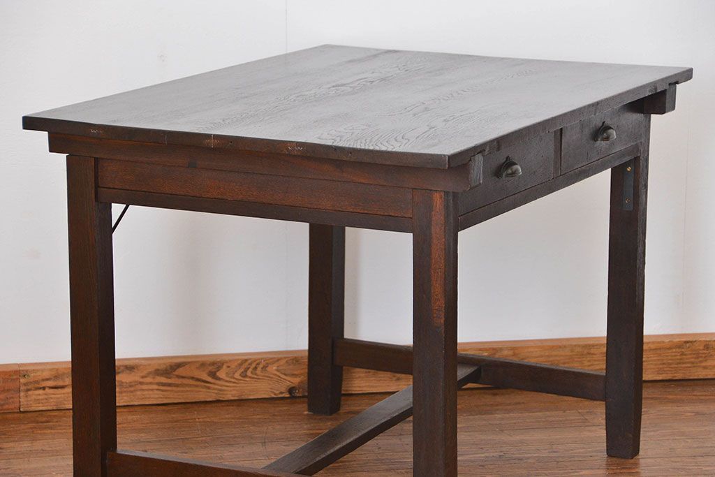 アンティーク家具　アンティーク 古いタモ材の引き出し付き平机(テーブル、デスク、在宅ワーク、在宅用)