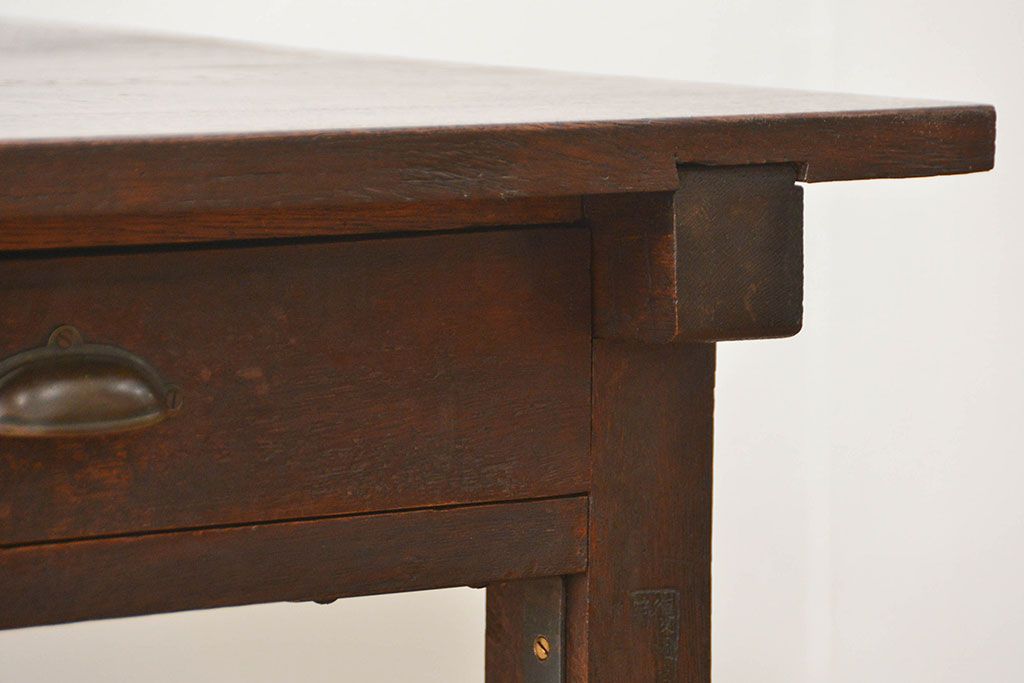 アンティーク家具　アンティーク 古いタモ材の引き出し付き平机(テーブル、デスク、在宅ワーク、在宅用)