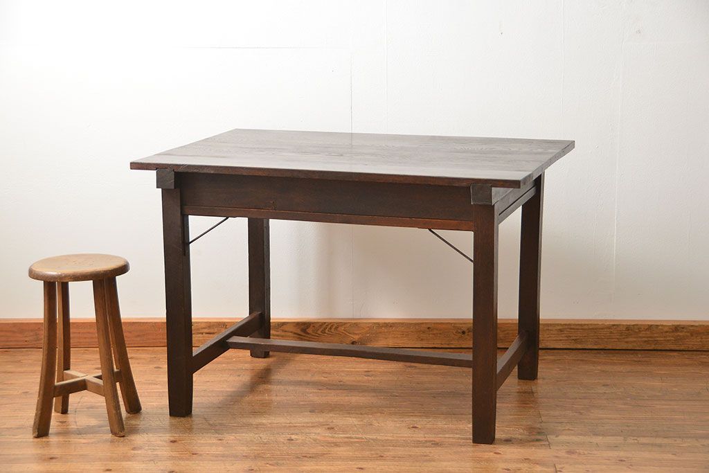 アンティーク家具　アンティーク 古いタモ材の引き出し付き平机(テーブル、デスク、在宅ワーク、在宅用)