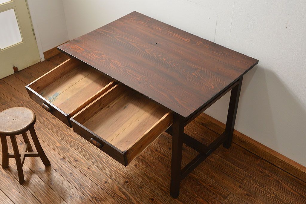 レトロ家具　昭和レトロ 古い木のアンティーク平机(テーブル、デスク、在宅ワーク、在宅用)