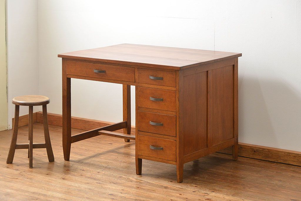 レトロ家具　昭和レトロ 古い木のアンティーク片袖机(テーブル、デスク、在宅ワーク、在宅用)