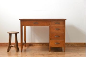 レトロ家具　昭和レトロ 古い木のアンティーク片袖机(テーブル、デスク、在宅ワーク、在宅用)
