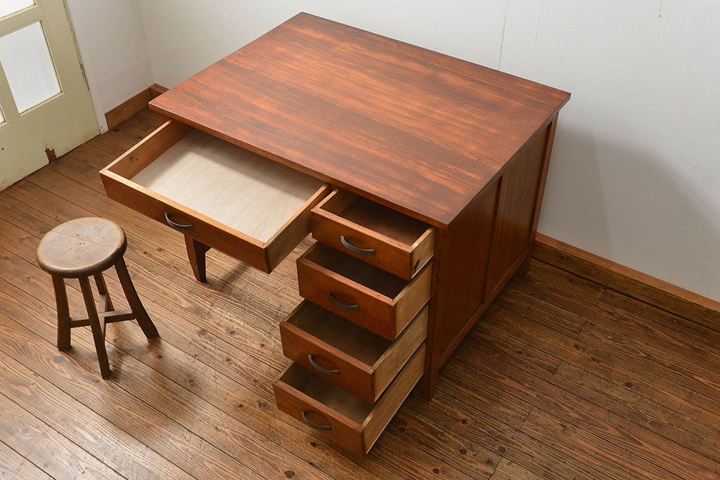 レトロ家具　昭和レトロ 古い木のアンティーク片袖机(テーブル、デスク、在宅ワーク、在宅用)