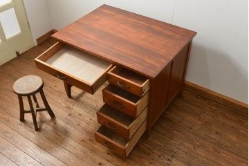 レトロ家具　昭和レトロ 古い木のアンティーク片袖机(テーブル、デスク、在宅ワーク、在宅用)